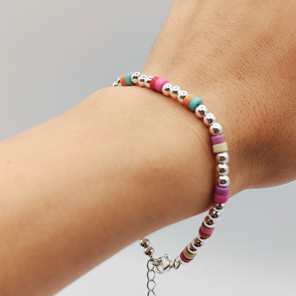 Pulsera de Plata con Bolitas de Colores Pasteles
