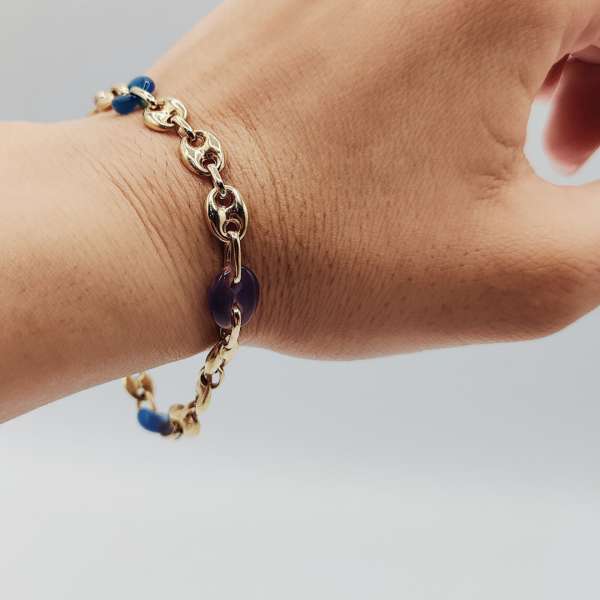 Pulsera Calabrote de Oro de 18K con Detalles en Azul y Lila