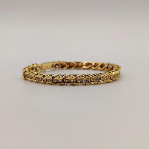 Pulsera Espina de Pez de Oro de 18K con Circonitas y Cierre de Cajón