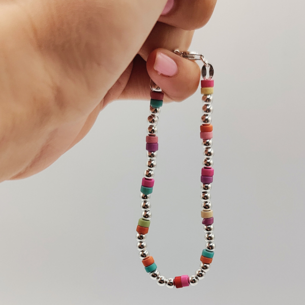 Pulsera de Plata con Bolitas de Colores Pasteles