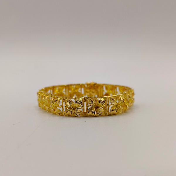 Pulsera Flores de Oro de 18K con Cierre de Cajón y Cordón de Seguridad