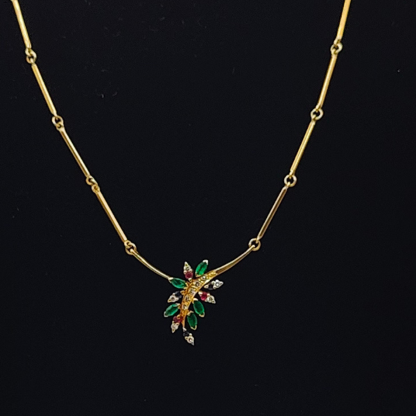 Colgante oro de 18 k con hoja con diamantes, rubís, esmeraldas y zafiros