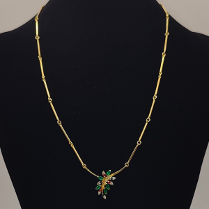 Colgante oro de 18 k con hoja con diamantes, rubís, esmeraldas y zafiros