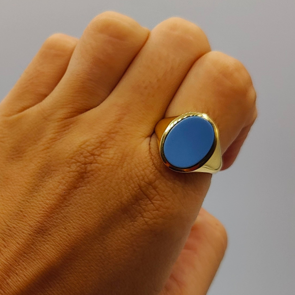 Anillo sello con piedra agata zul oro de 18 k