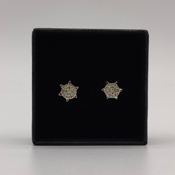 pendiente rosetón oro blanco 18 k con diamantitos