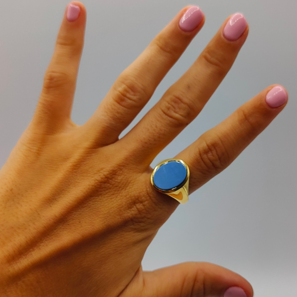 Anillo sello con piedra agata zul oro de 18 k