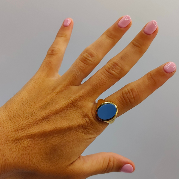 Anillo sello con piedra agata zul oro de 18 k