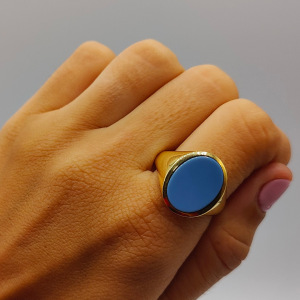 Anillo sello con piedra agata zul oro de 18 k