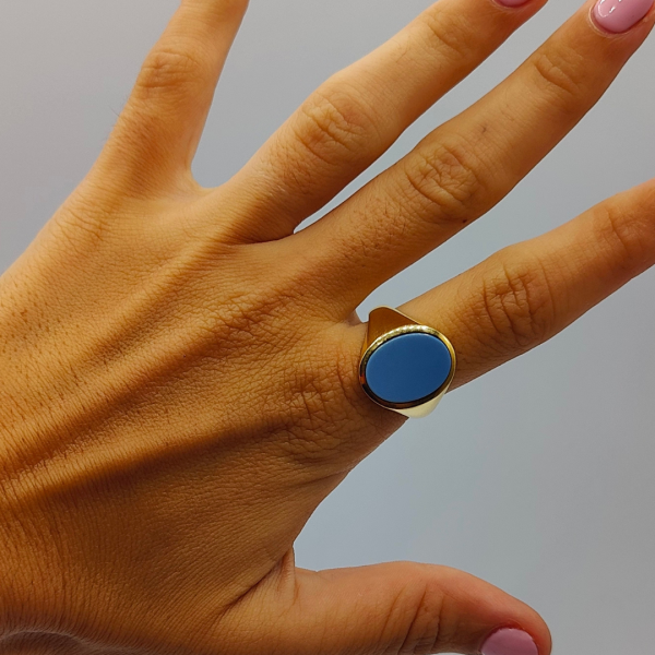 Anillo sello con piedra agata zul oro de 18 k