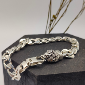 Pulsera de plata eslabon cubana cuadrado con cabeza de león