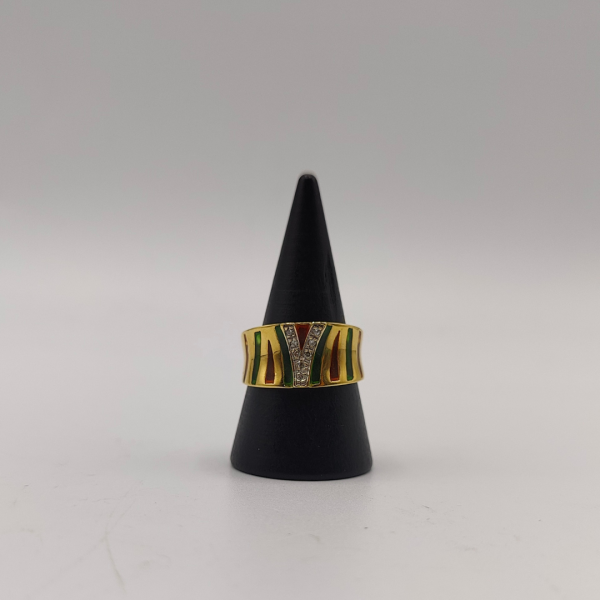 anillo con esmaltado verde y naranja y circonitas oro de 18 k