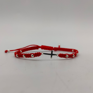 Pulsera de Hilo Rojo con Bolitas y Cruz de Plata