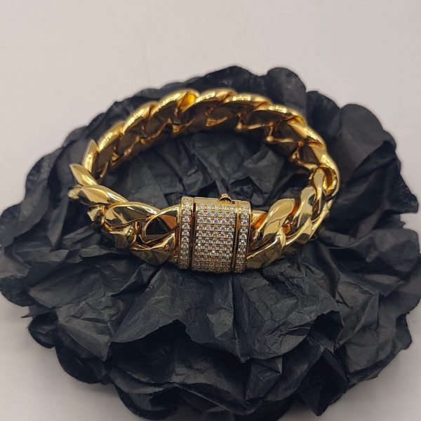 Pulsera Cubana de 20 mm con Cierre de Circonita en Oro de 18K