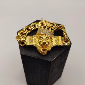 Pulsera Cubana con Cabeza de León y Circonitas en Oro 18K