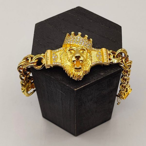 Pulsera Cubana con Cabeza de León y Circonitas en Oro 18K