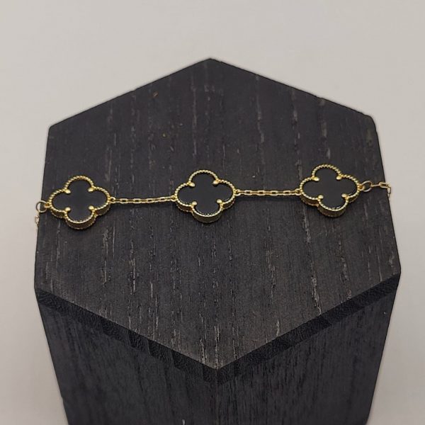 Pulsera de Tres Flores de Ónix Negro Estilo Van Cleef con Cadena Tipo Rolo de Oro de 18K