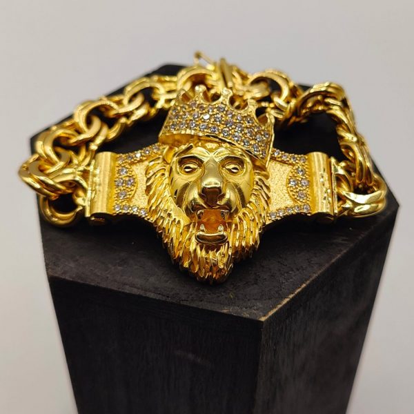 Pulsera Cubana con Cabeza de León y Circonitas en Oro 18K
