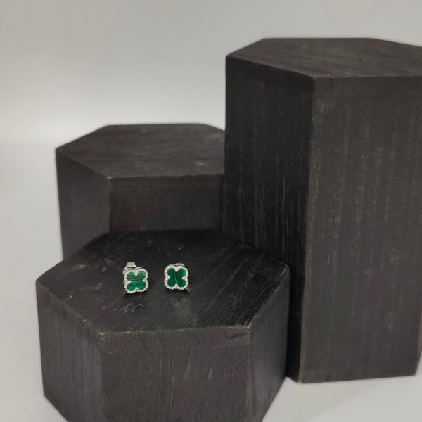 Pendientes de Plata con Flor Van Cleef y Piedra Malaquita