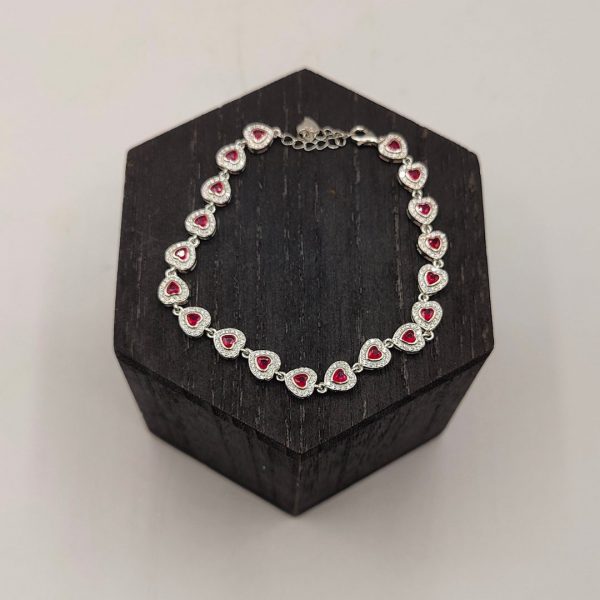 Pulsera corazones relleno de circonitas y circonitas rosas de plata