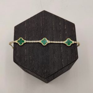 Pulsera de plata estilo riviera con 3 flores malaquita
