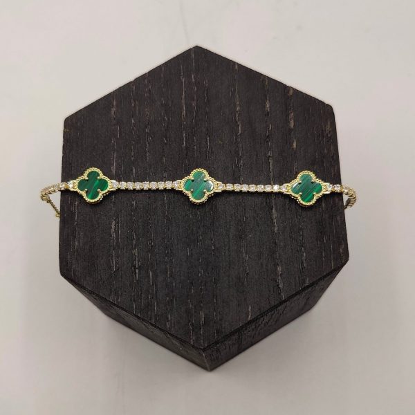 Pulsera de plata estilo riviera con 3 flores malaquita