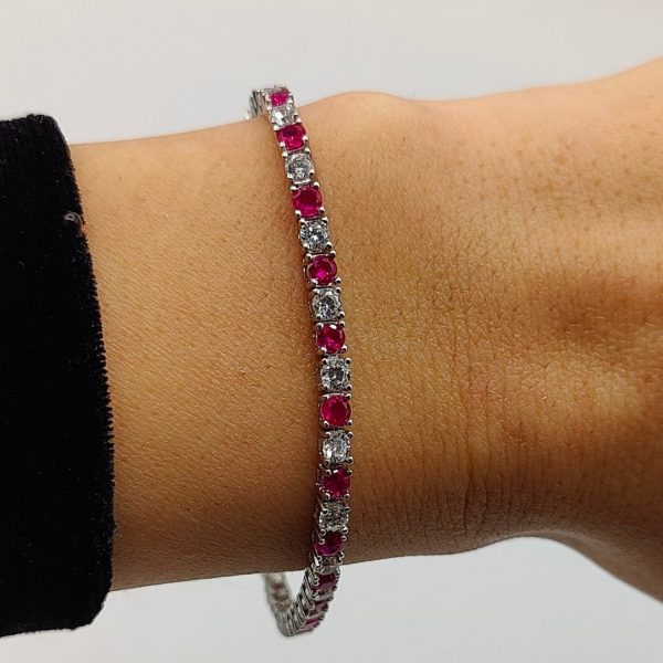 Pulsera de Plata Estilo Riviera con Circonitas Fucsias y Blancas