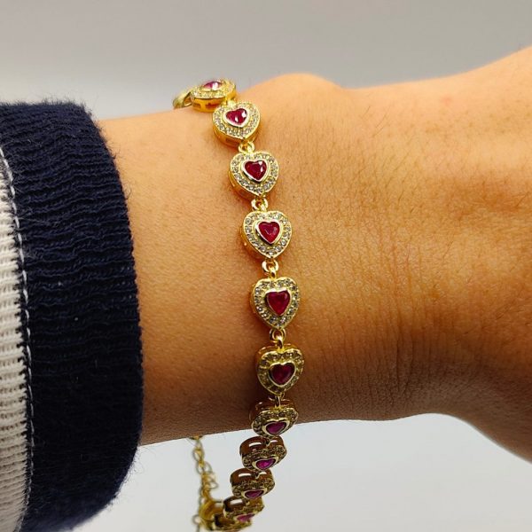 Pulsera corazones relleno de circonitas y circonitas rosas de plata chapana en oro