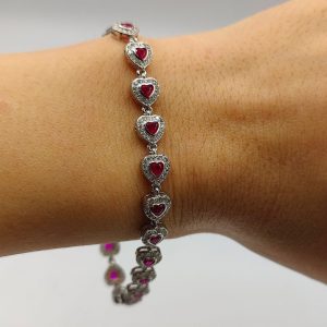 Pulsera corazones relleno de circonitas y circonitas rosas de plata