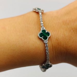 Pulsera de plata estilo riviera con 3 flores malaquita
