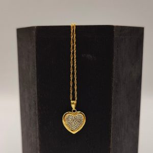Colgante Corazón Bicolor con Circonitas y Placa Grabable en Oro 18K