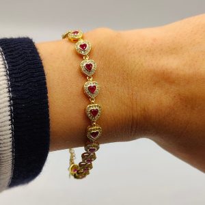 Pulsera corazones relleno de circonitas y circonitas rosas de plata chapana en oro