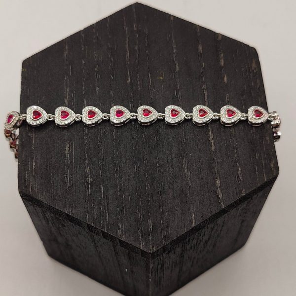 Pulsera corazones relleno de circonitas y circonitas rosas de plata