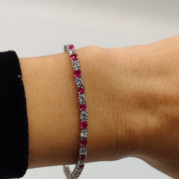 Pulsera de Plata Estilo Riviera con Circonitas Fucsias y Blancas