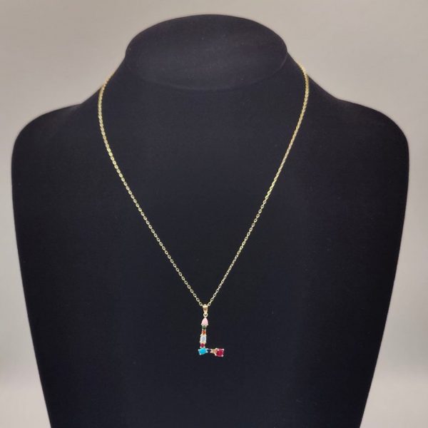 "Collar colgante letra L con piedras preciosas con cadena rolo de plata dorada plata"