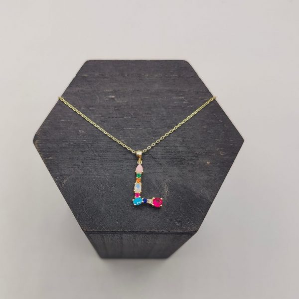 "Collar colgante letra L con piedras preciosas con cadena rolo de plata dorada plata"