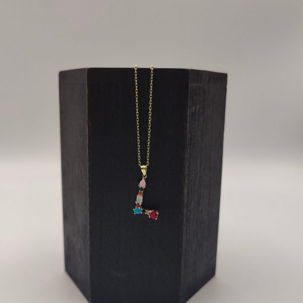 "Collar colgante letra L con piedras preciosas con cadena rolo de plata dorada plata"