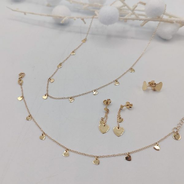 Collar con Cadena Rolo y Corazones Colgantes – 42 cm – 18K