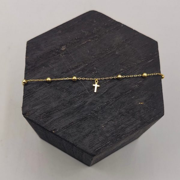 Pulsera de Bolitas de Plata Dorada con Cruz Colgante