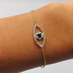Pulsera de Plata Dorada con Ojo Turco de Circonitas y Ojo Azul en el Centro
