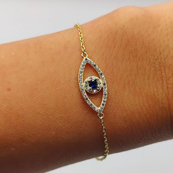Pulsera de Plata Dorada con Ojo Turco de Circonitas y Ojo Azul en el Centro