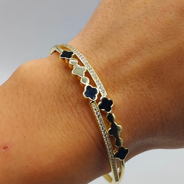 Brazalete Estilo Van Cleef con Circonitas y Onix en Plata Dorada