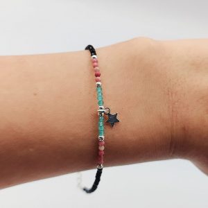 Pulsera de Plata con Bolitas Negras, Azules y Rosas y Estrella Colgante