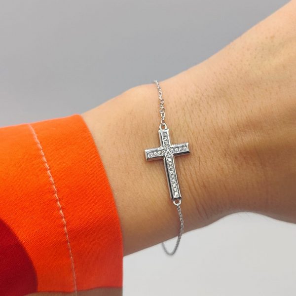 Pulsera de Plata con Cruz de Circonitas y Cadena Rolo