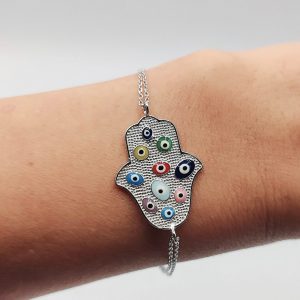 "Pulsera mano de fatima con ojos turcos de colores con dos cadenas Plata"