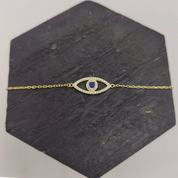 Pulsera de Plata Dorada con Ojo Turco de Circonitas y Ojo Azul en el Centro
