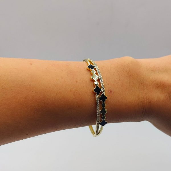 Brazalete Estilo Van Cleef con Circonitas y Onix en Plata Dorada