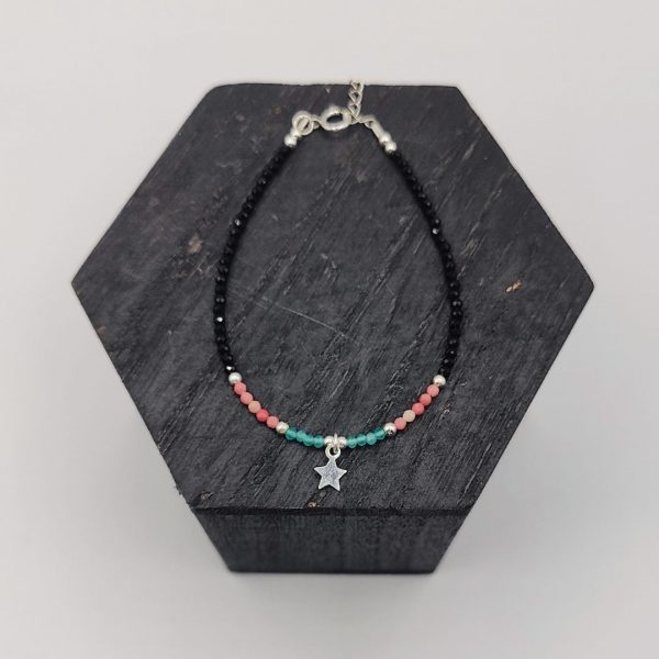 Pulsera de Plata con Bolitas Negras, Azules y Rosas y Estrella Colgante