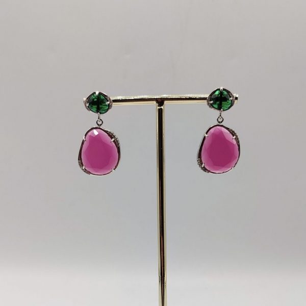 Pendientes colgantes de plata con circonitas verdes y rosas