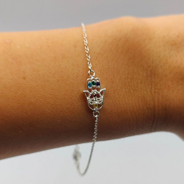Pulsera de Plata con Mano de Fátima y Circonitas de Colores