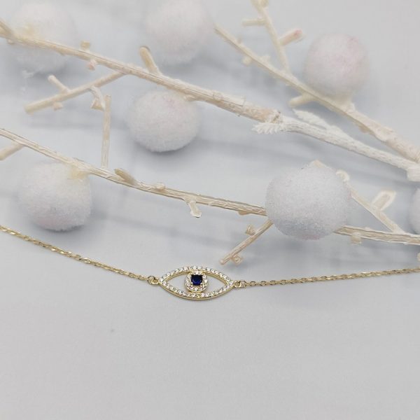 Pulsera de Plata Dorada con Ojo Turco de Circonitas y Ojo Azul en el Centro